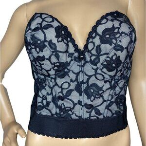 Vintage Black‎ Lace Strapless Bustier With Floral Mesh Design & Underwire 36D